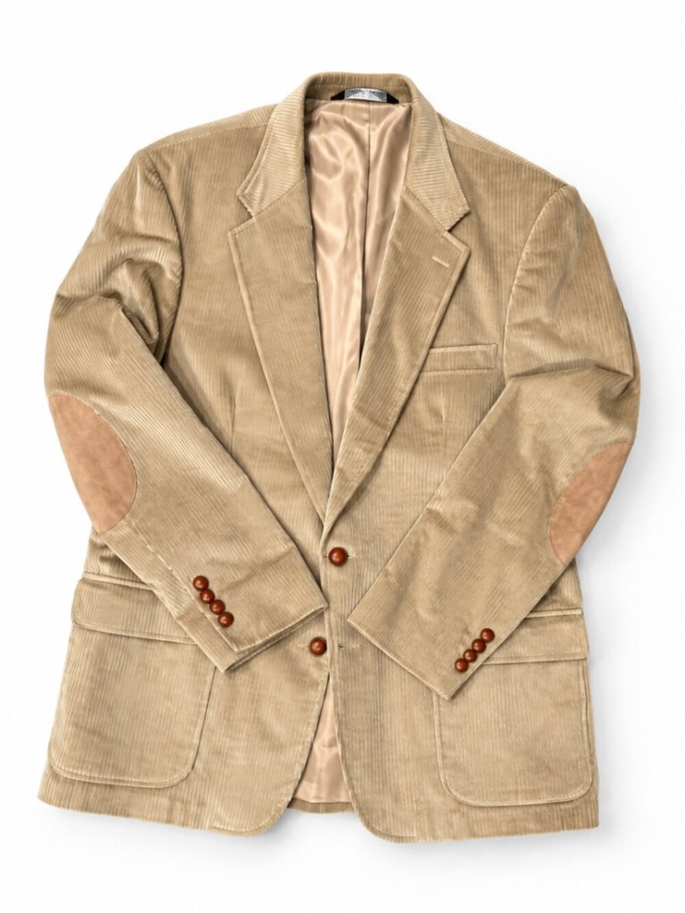 Lands’ End Corduroy Blazer Men’s 44L Tan Suede Elbow Patch Made USA Cotton EUC